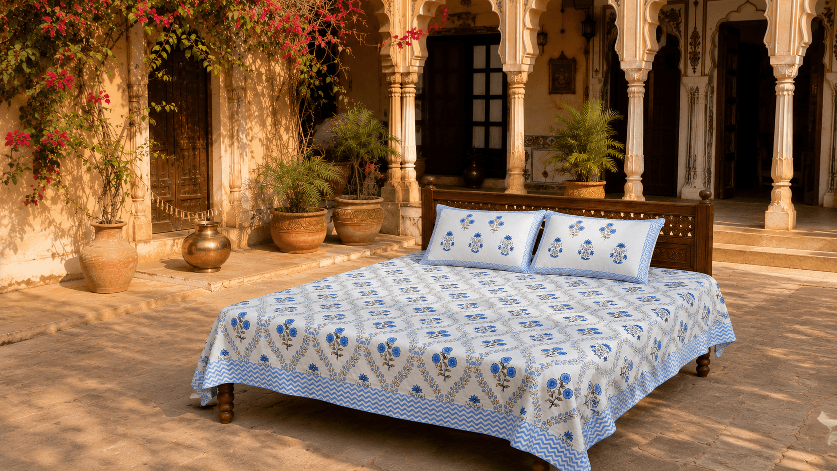 A sunlit Jaipur setting dressed in hand block-printed Sanganeri textiles.