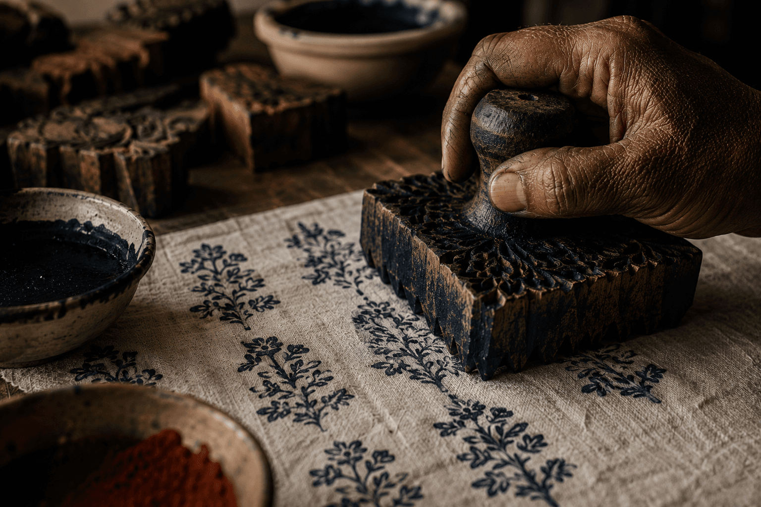 An artisan's hands aligning a carved block on freshly printed cotton.