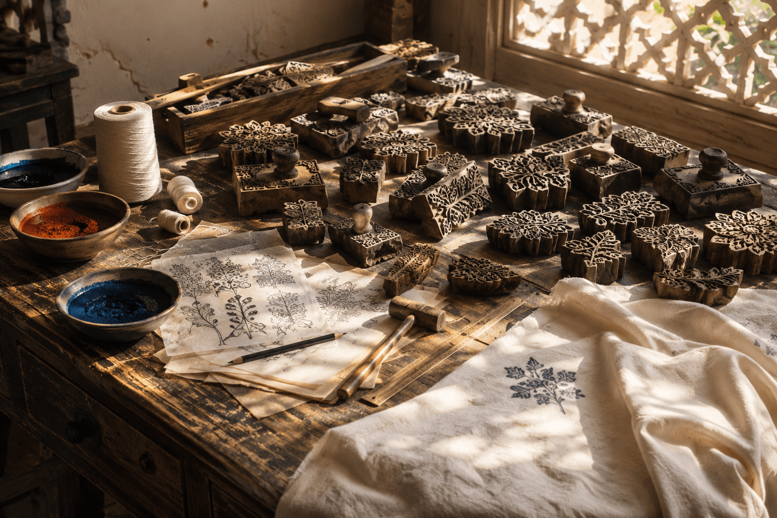 A karigar pressing a carved wooden block onto cloth in a Jaipur printing workshop.