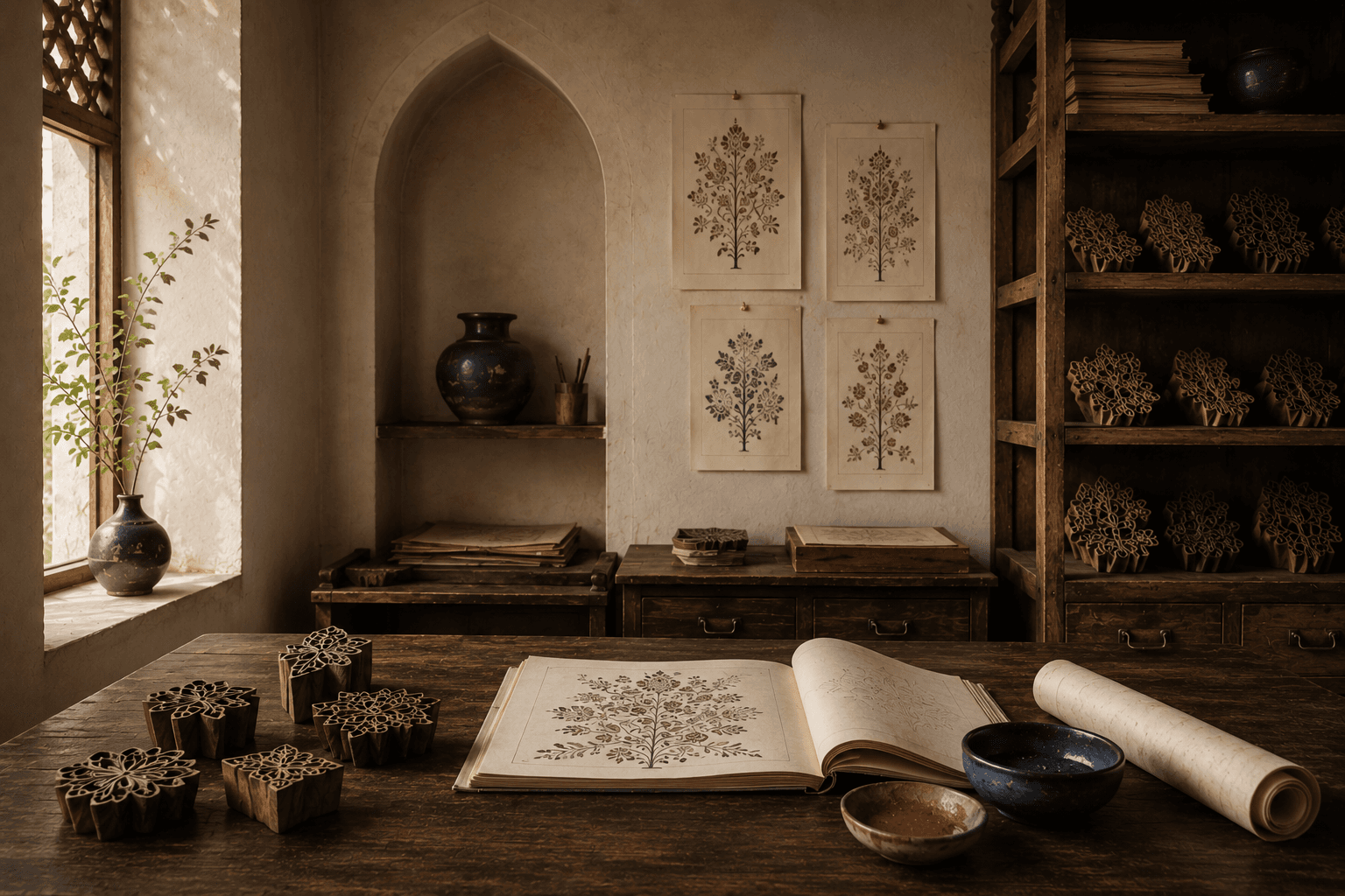 Carved teak printing blocks and hand-printed Sanganeri motifs from Jaipur.
