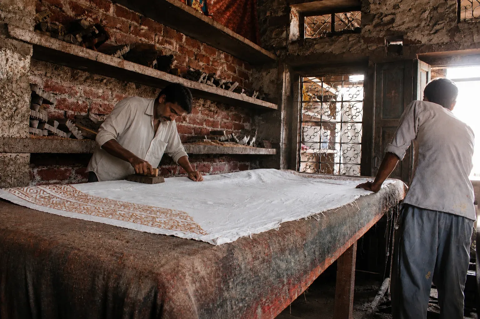 Artisans hand block printing cotton fabric in a Jaipur workshop, carved teak blocks stacked on the shelves behind them.