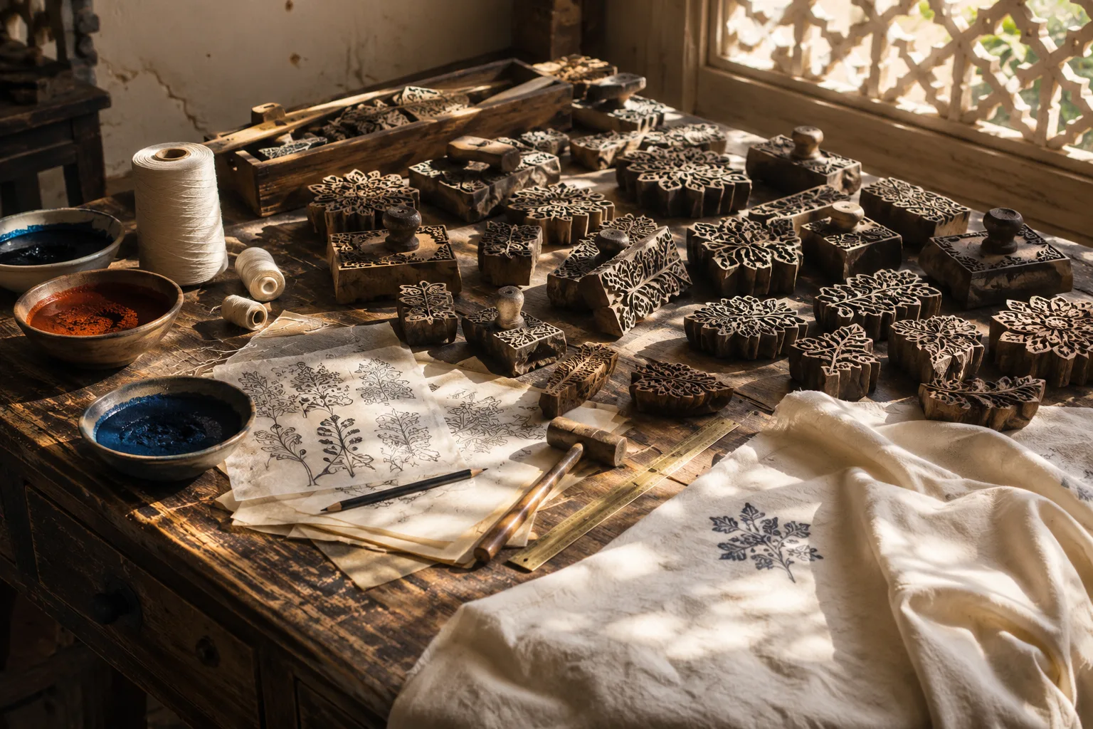 A karigar pressing a carved wooden block onto cloth in a Jaipur printing workshop.